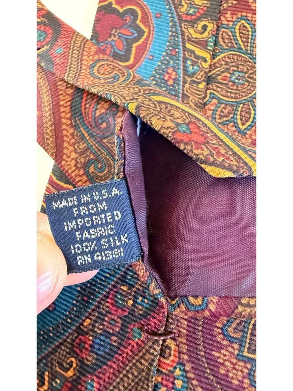 Polo By Ralph Lauren Vintage Silk Tie Paisley Print Burgundy & Blue Made In USA